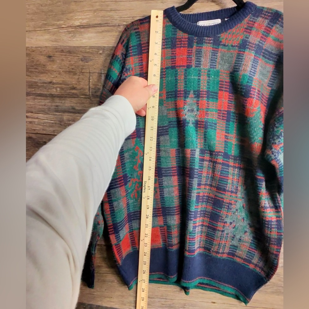 Collectif Men's Red Navy and Green Plaid Crewneck Wool Blend Sweater - Picture 5 of 9